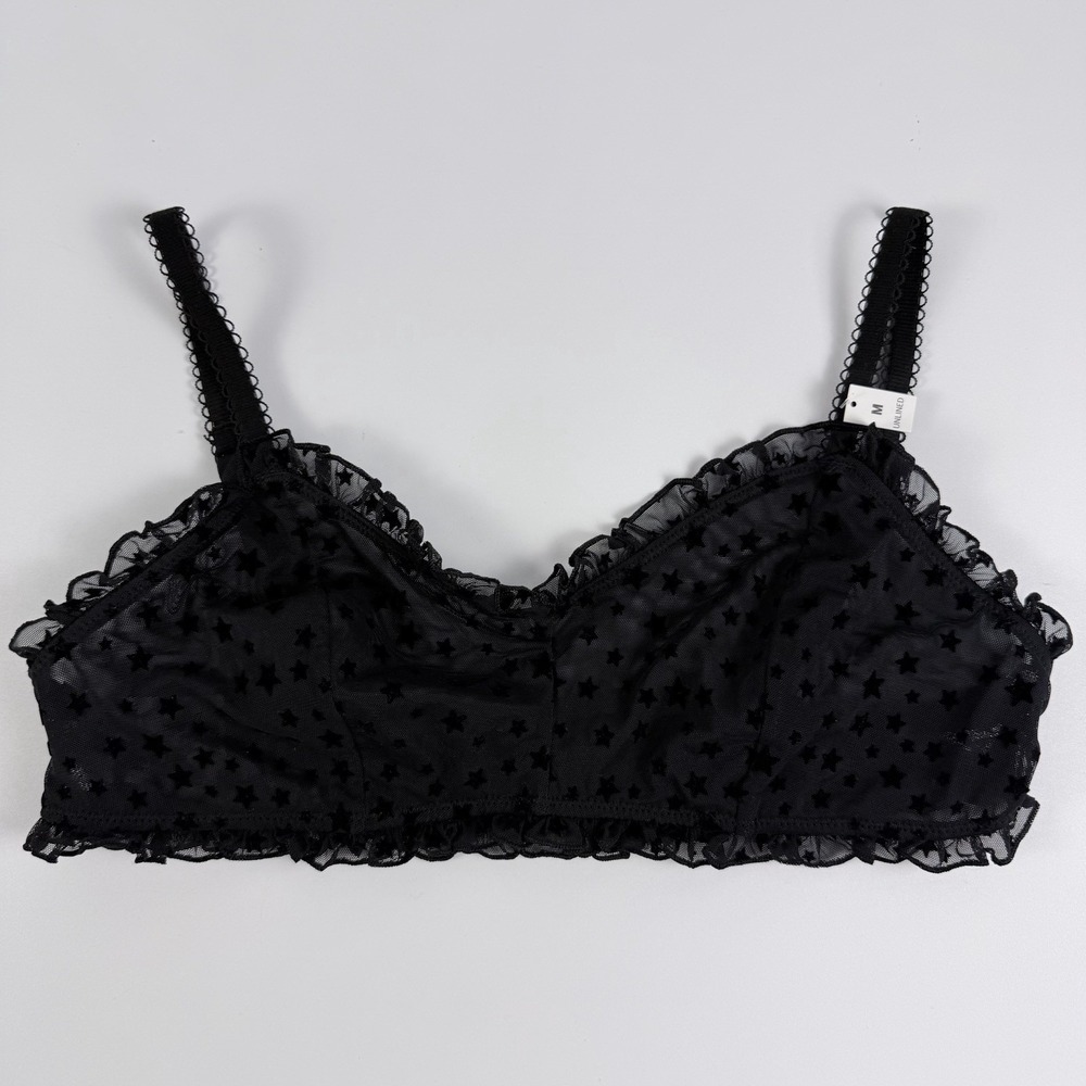 Victoria's Secret PINK Wink Unlined Scoop Mesh Star Lace Bralette Black M NWT